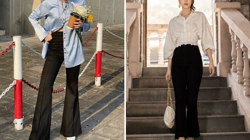 Sự kết hợp kiêu kỳ giữa áo sơ mi lụa mềm mại và quần tây ống loe cạp cao cho các buổi tiệc tối.