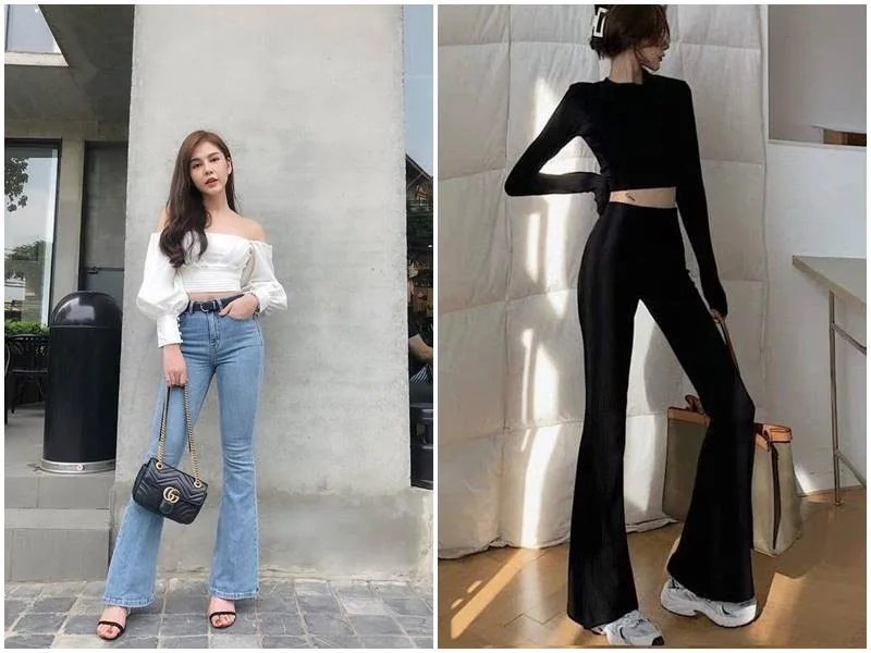 Khoe khéo eo thon và hông quả táo năng động khi mix quần jeans ống loe với áo croptop ôm sát.
