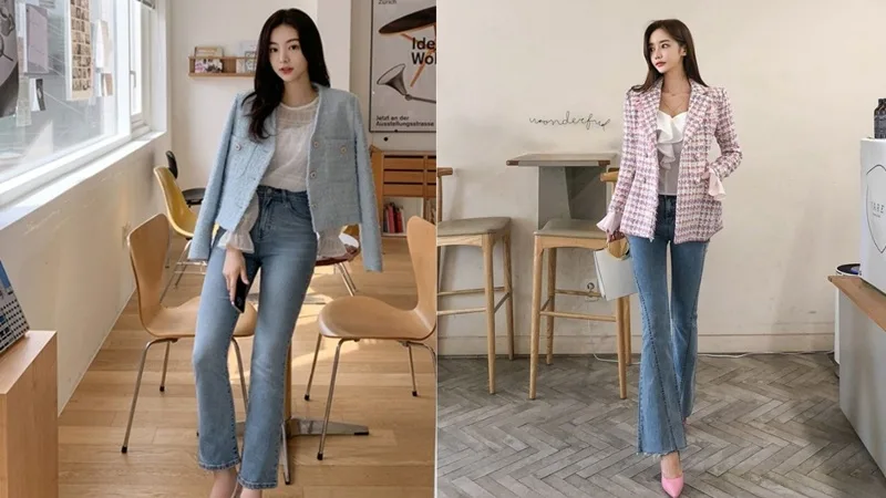Set đồ sang chảnh thời thượng với áo khoác dạ tweed lửng và quần ống loe đen tôn dáng.
