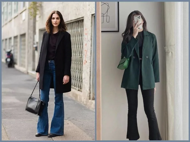 Quần ống loe phối cùng áo blazer oversized tone trung tính mang lại diện mạo quyền lực, chuẩn nữ tổng tài.