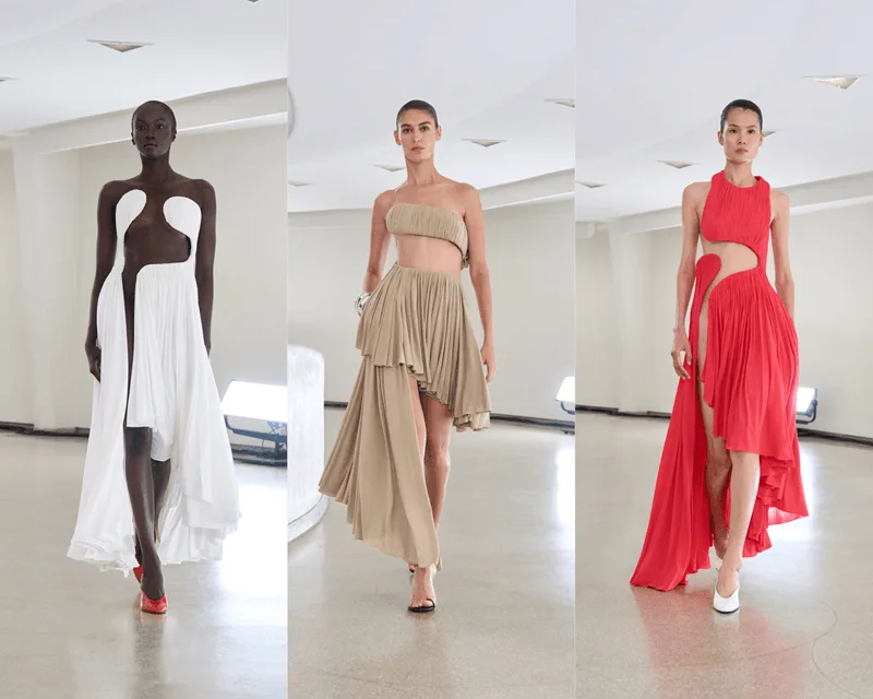 Kỹ thuật xếp nhún draping thủ công trên chất liệu xuyên thấu tạo hiệu ứng thị giác mượt mà.
