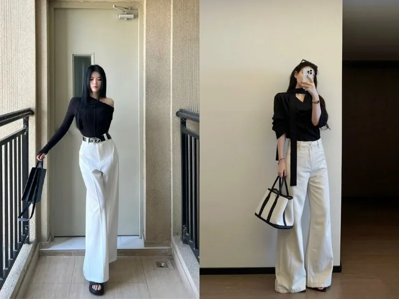 Sự tương phản kinh điển giữa áo đen và quần trắng tôn dáng tinh tế.