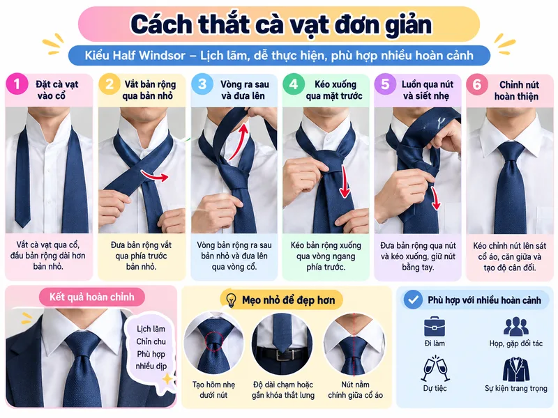 Half Windsor tạo nút cà vạt cân đối và lịch lãm hơn